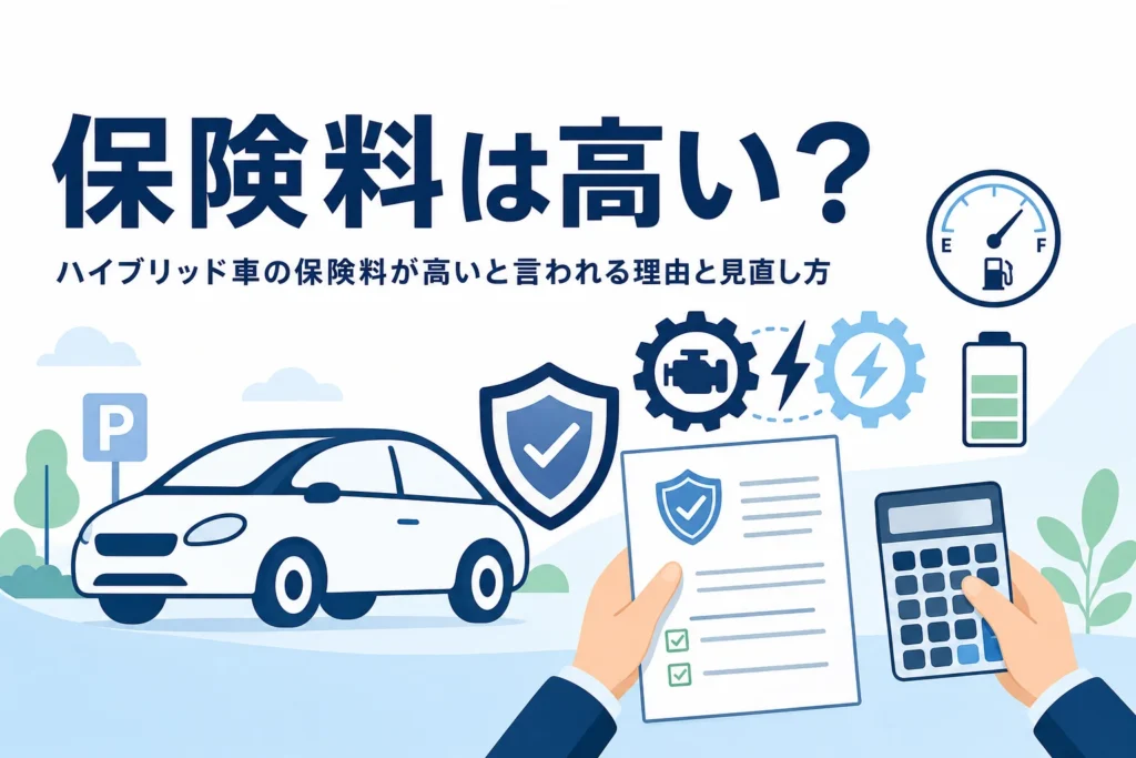 乗用車のシルエットと盾のマーク・保険証券・電卓を持つ手元が並び、ハイブリッド車の保険料を解説する記事タイトル
