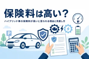 乗用車のシルエットと盾のマーク・保険証券・電卓を持つ手元が並び、ハイブリッド車の保険料を解説する記事タイトル