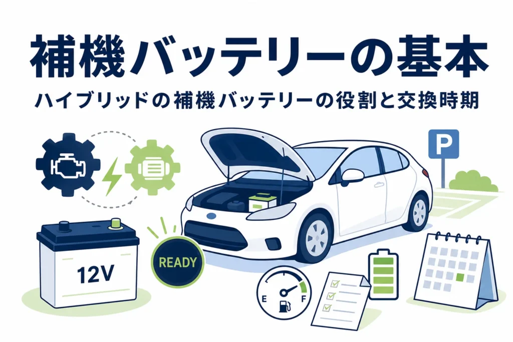 ボンネットを開けた乗用車のシルエットと小さなバッテリーのアイコンが並び、ハイブリッドの補機バッテリーを解説する記事タイトル