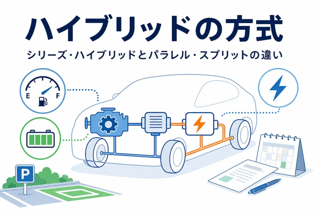 エンジンとモーターのつながりを描いた乗用車のシルエットに「ハイブリッドの方式」の文字