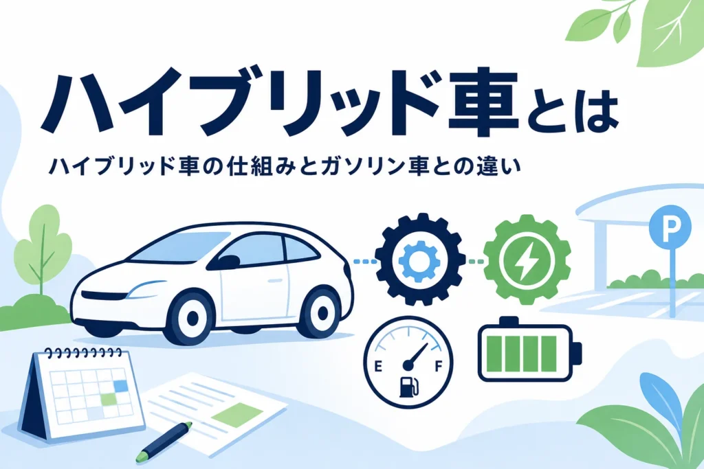 エンジンとモーターのマークが並ぶ乗用車のイラストと、ハイブリッド車とは何かを紹介する記事タイトル