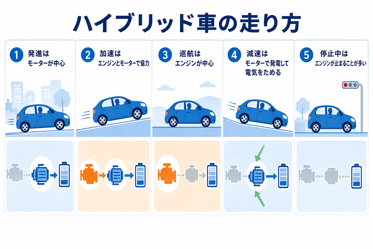 ハイブリッド車がエンジンとモーターを場面ごとに使い分けて走る流れを示した図解