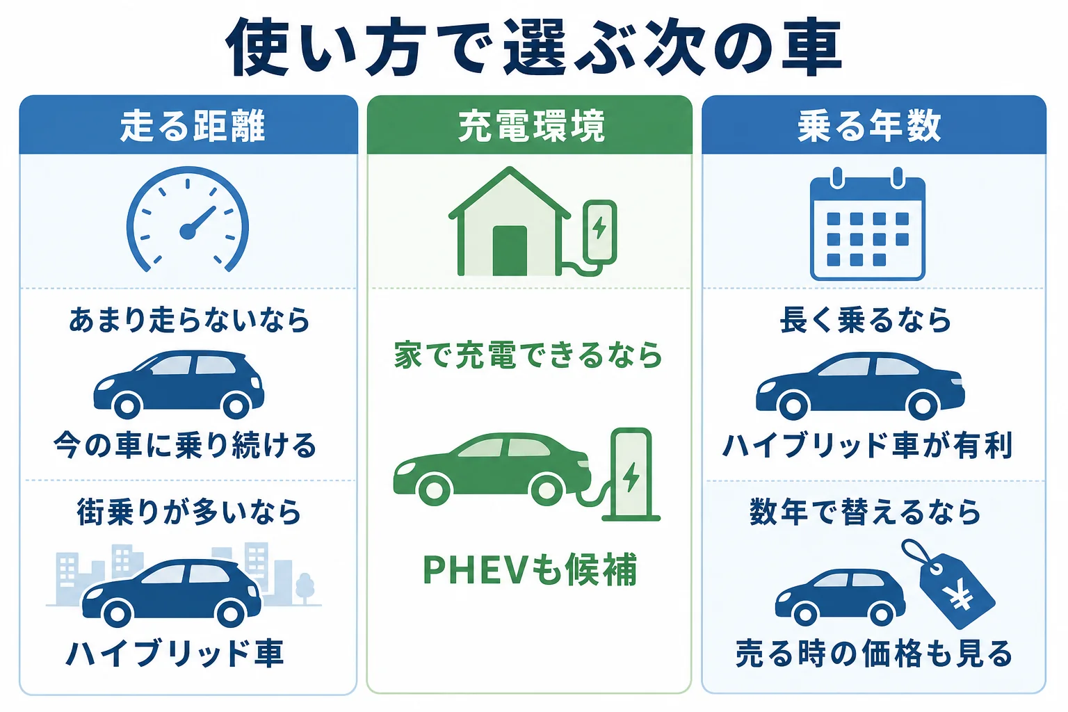 今の車に乗り続けるかハイブリッドやPHEV・EVに乗り換えるかを使い方から選ぶ判断表の図解
