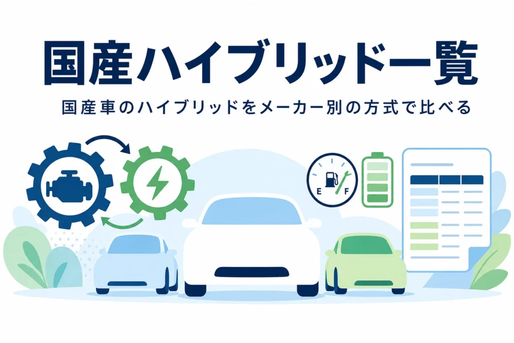 大きさ違いの車のシルエットと一覧表で、国産車のハイブリッドのメーカー別一覧を表したアイキャッチ
