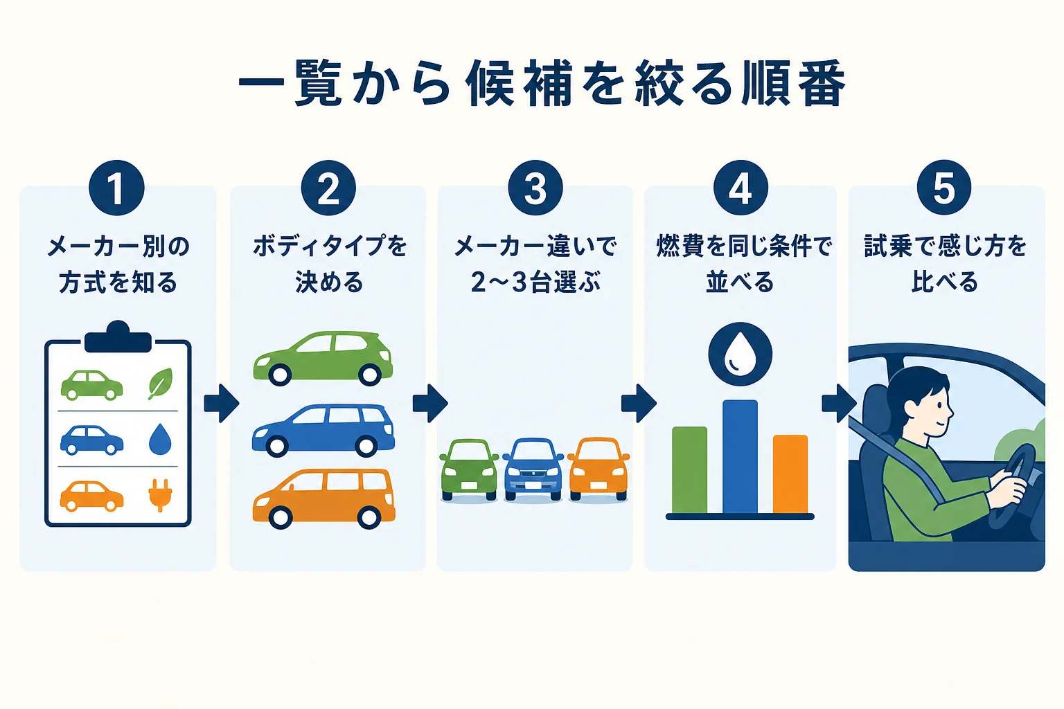 ボディタイプとメーカーの組み合わせで候補を絞る流れを示した図解
