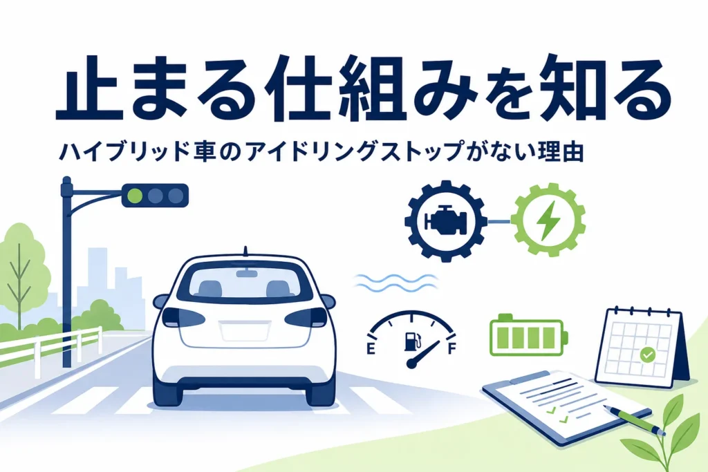 信号待ちで止まる乗用車とエンジン・モーターのマークを描いた、ハイブリッド車のアイドリングストップを解説する記事のアイキャッチ