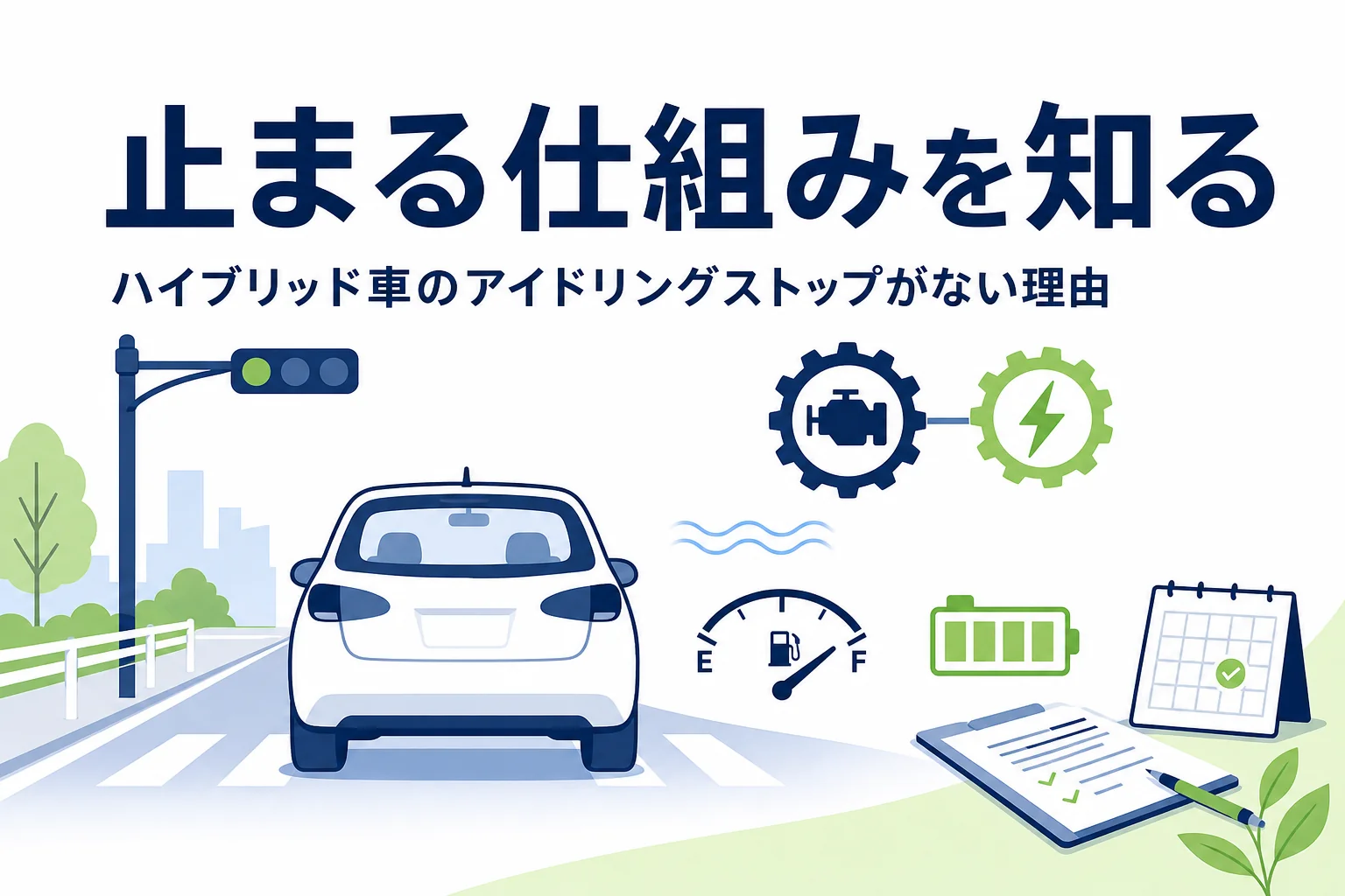信号待ちで止まる乗用車とエンジン・モーターのマークを描いた、ハイブリッド車のアイドリングストップを解説する記事のアイキャッチ