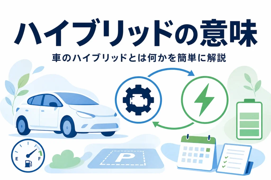 乗用車のシルエットとエンジン・モーターのマークに「ハイブリッドの意味」の文字
