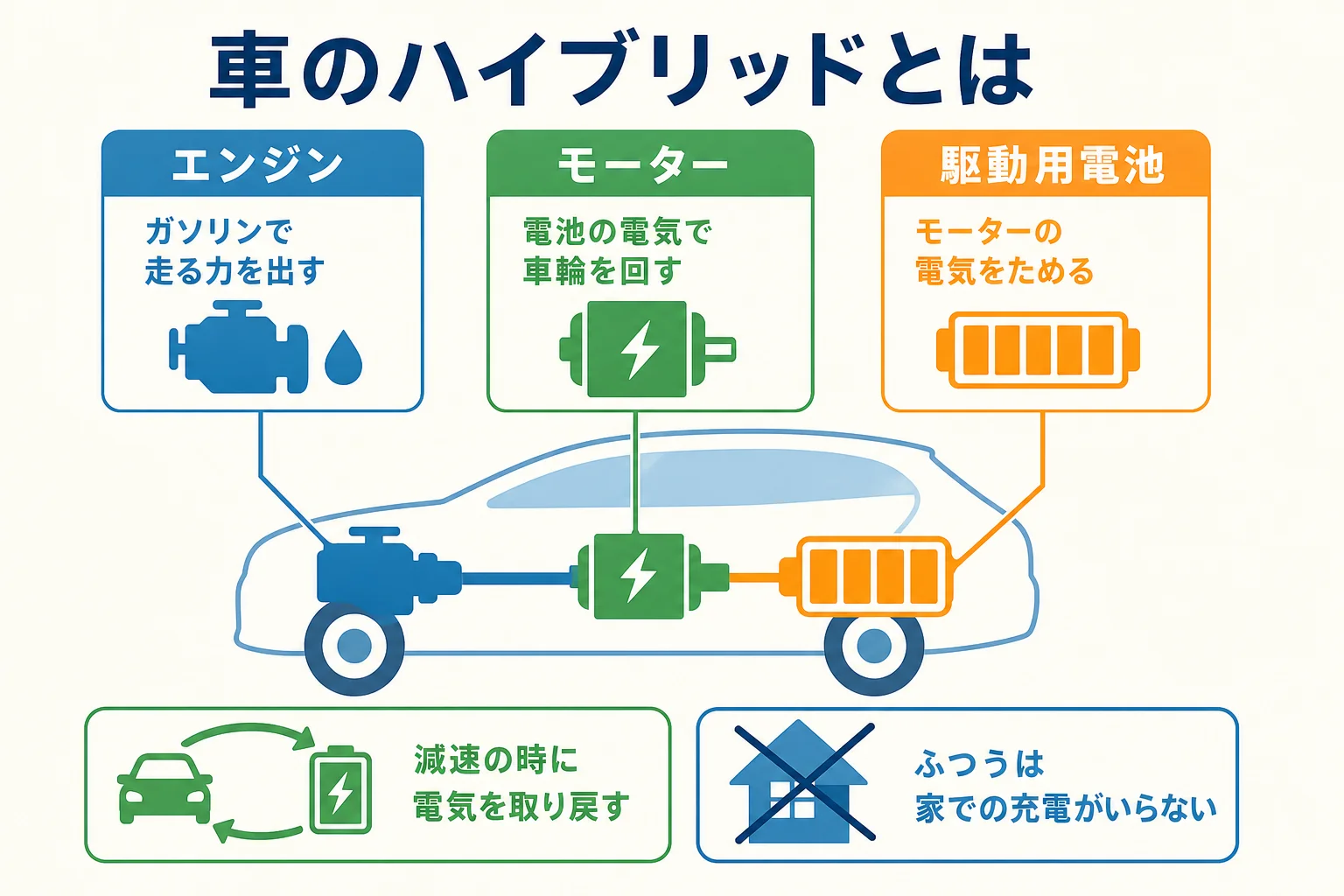 ハイブリッドの意味と、車でエンジンとモーターを組み合わせる仕組みを簡単にまとめた図解