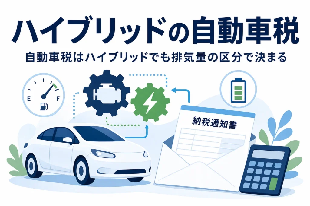 乗用車のシルエットと納税通知書・電卓が並び、ハイブリッド車の自動車税を解説する記事タイトル