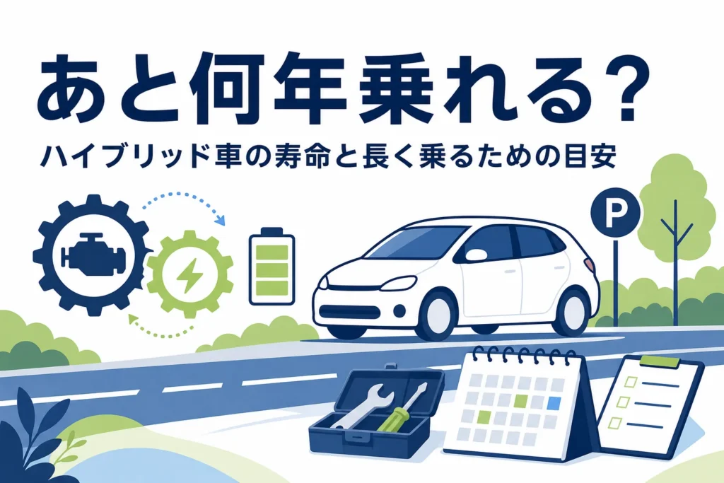 乗用車のシルエットと電池マーク・カレンダー・工具箱が並び、ハイブリッド車の寿命を解説する記事タイトル