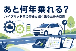 乗用車のシルエットと電池マーク・カレンダー・工具箱が並び、ハイブリッド車の寿命を解説する記事タイトル