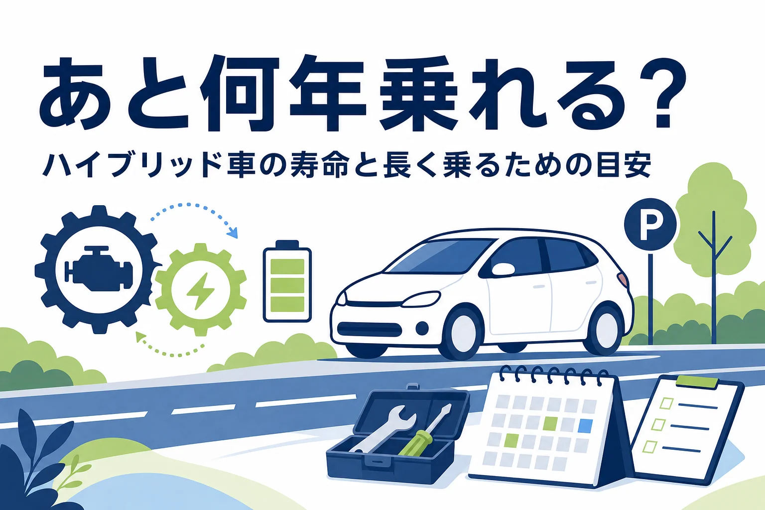 乗用車のシルエットと電池マーク・カレンダー・工具箱が並び、ハイブリッド車の寿命を解説する記事タイトル