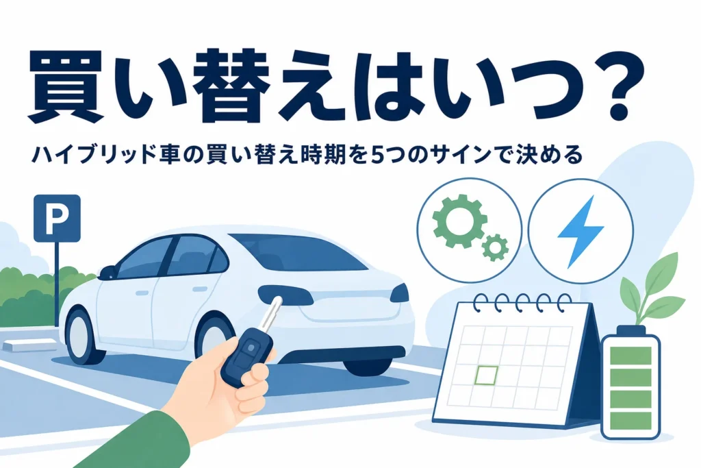 ハイブリッド車のシルエットとカレンダーや電池のマーク、買い替え時期を考える記事タイトル