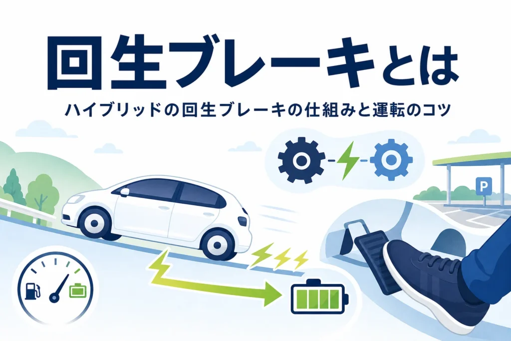減速の力が電池にためられる様子を描いた、ハイブリッドの回生ブレーキを解説する記事のアイキャッチ