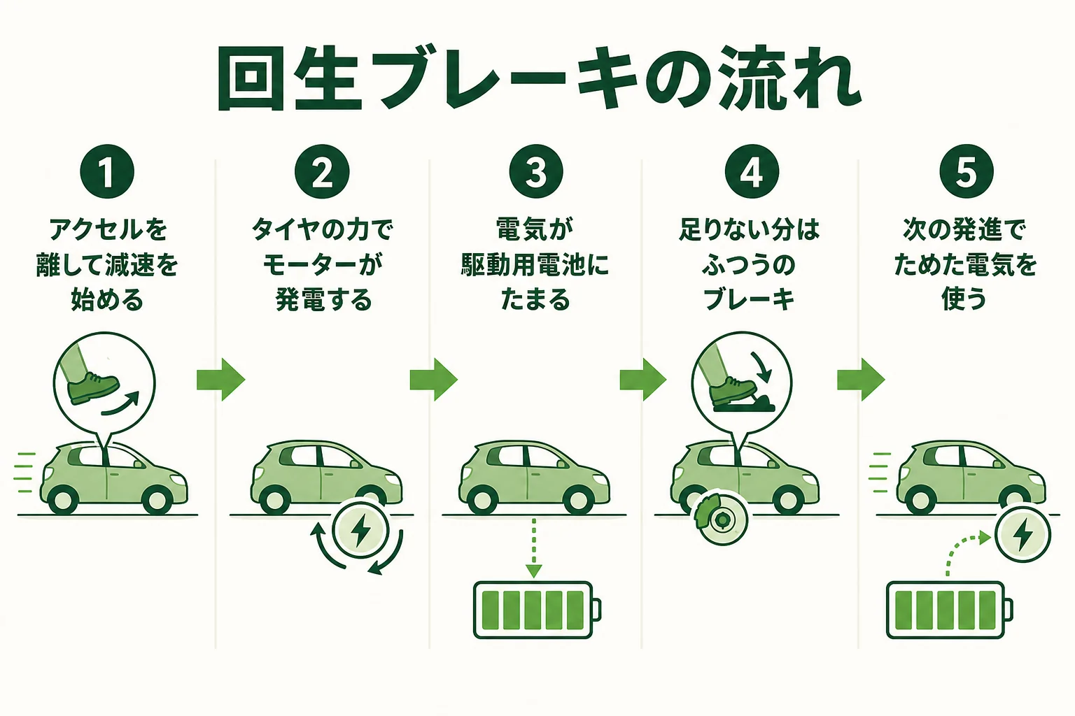 減速の時にモーターが発電して電池にためる回生ブレーキの流れを順番に示した図解