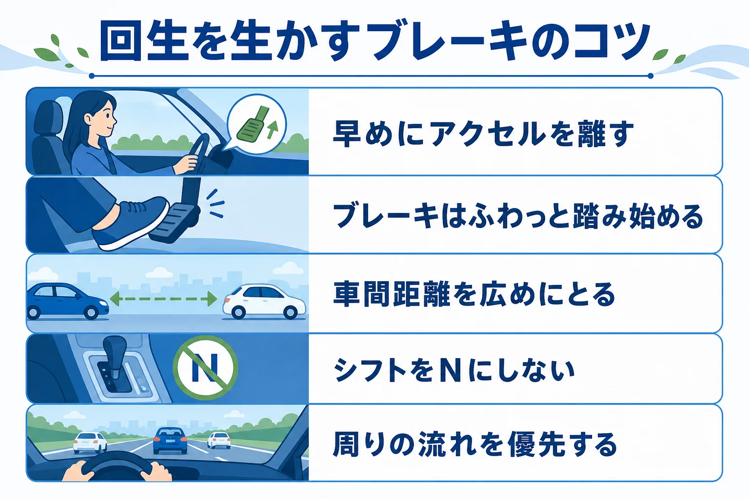 回生ブレーキを生かすために早めにゆるやかに減速する運転のコツをまとめた図解