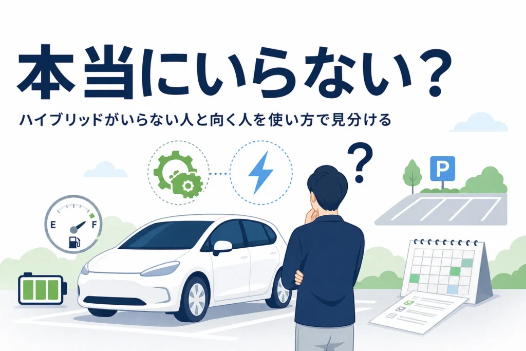 ハイブリッド車の前で考える人の後ろ姿と、ハイブリッドはいらないのかを考える記事タイトル