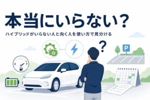 ハイブリッド車の前で考える人の後ろ姿と、ハイブリッドはいらないのかを考える記事タイトル