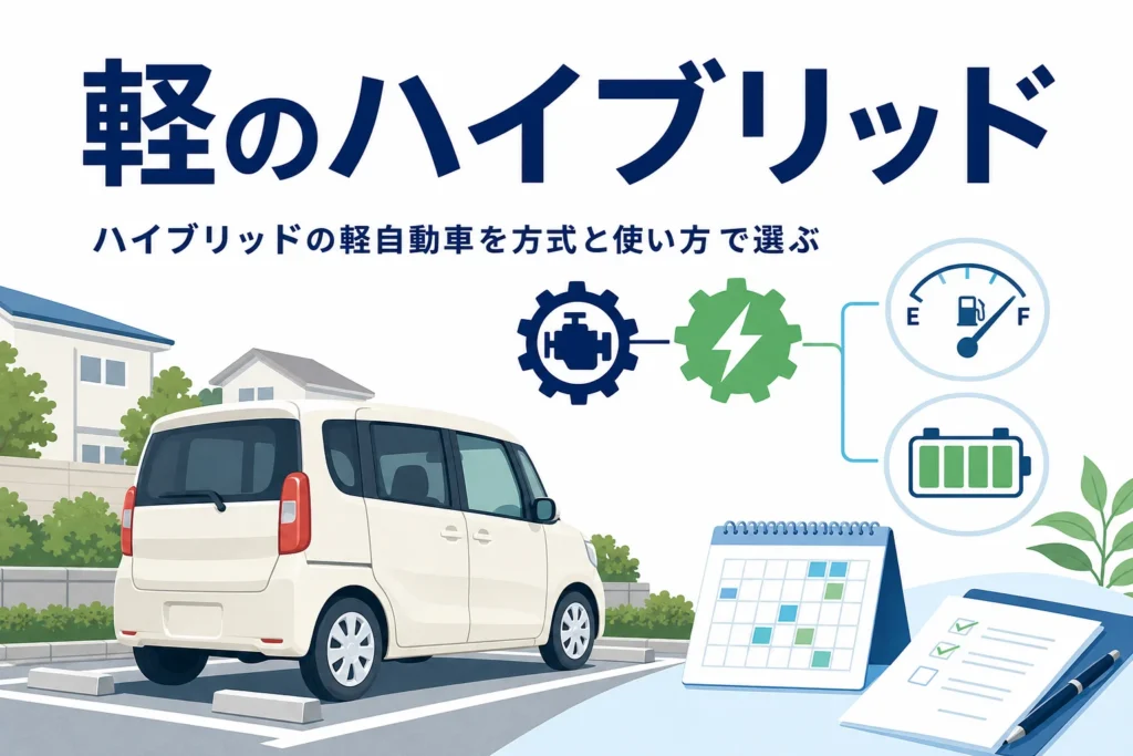 住宅街に止まった軽自動車のシルエットとエンジン・モーターのマーク、軽のハイブリッドの選び方を紹介する記事タイトル