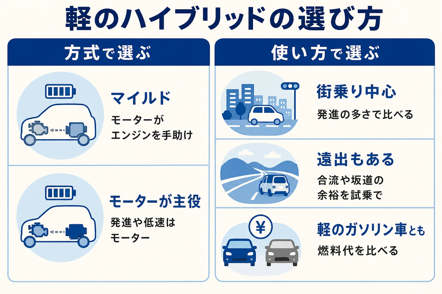 軽自動車のハイブリッドをマイルドとモーターが主役の方式、街乗りと遠出で分けた早見表の図解