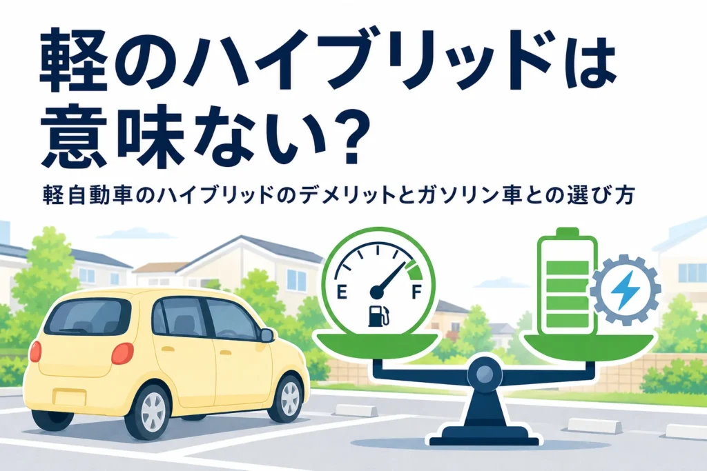 軽自動車と、燃料計と電池マークを比べる天秤のイラストと、軽自動車のハイブリッドは意味ないのかを考える記事タイトル