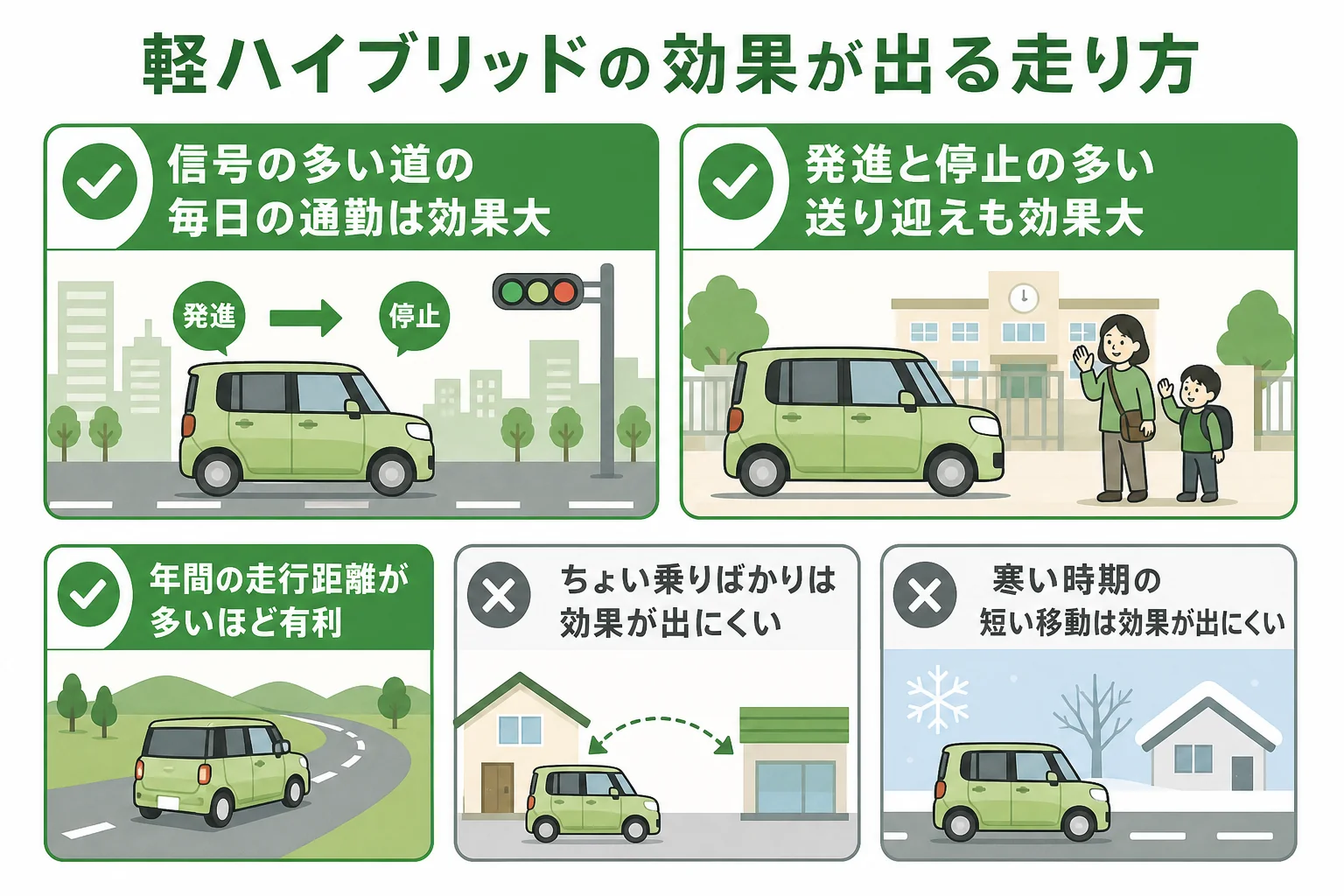 軽自動車のハイブリッドで効果が出やすい走り方と出にくい走り方を分けたチェック表の図解