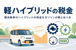 駐車場に停まる軽自動車のシルエットと通知書が並び、軽自動車のハイブリッドの税金を解説する記事タイトル