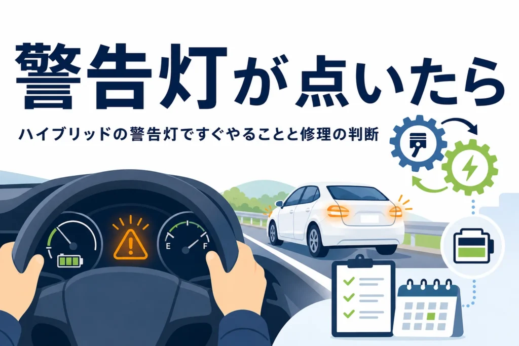 メーターに点いた警告ランプと路肩に止まる乗用車が描かれ、ハイブリッドの警告灯の対処を解説する記事タイトル