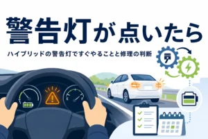メーターに点いた警告ランプと路肩に止まる乗用車が描かれ、ハイブリッドの警告灯の対処を解説する記事タイトル