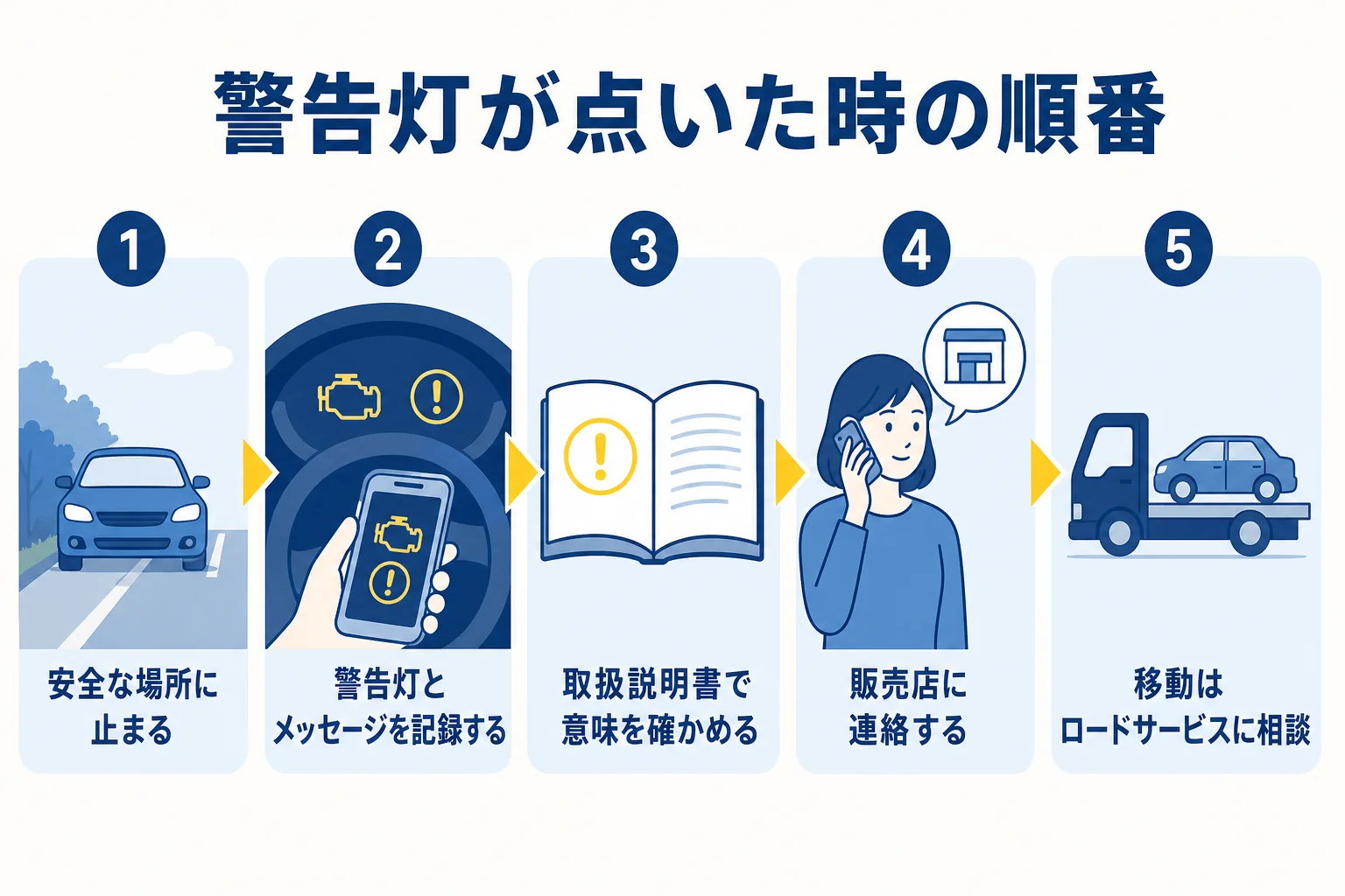 ハイブリッド警告灯が点いた時に止まる・記録する・確かめる・連絡する流れを示した図解