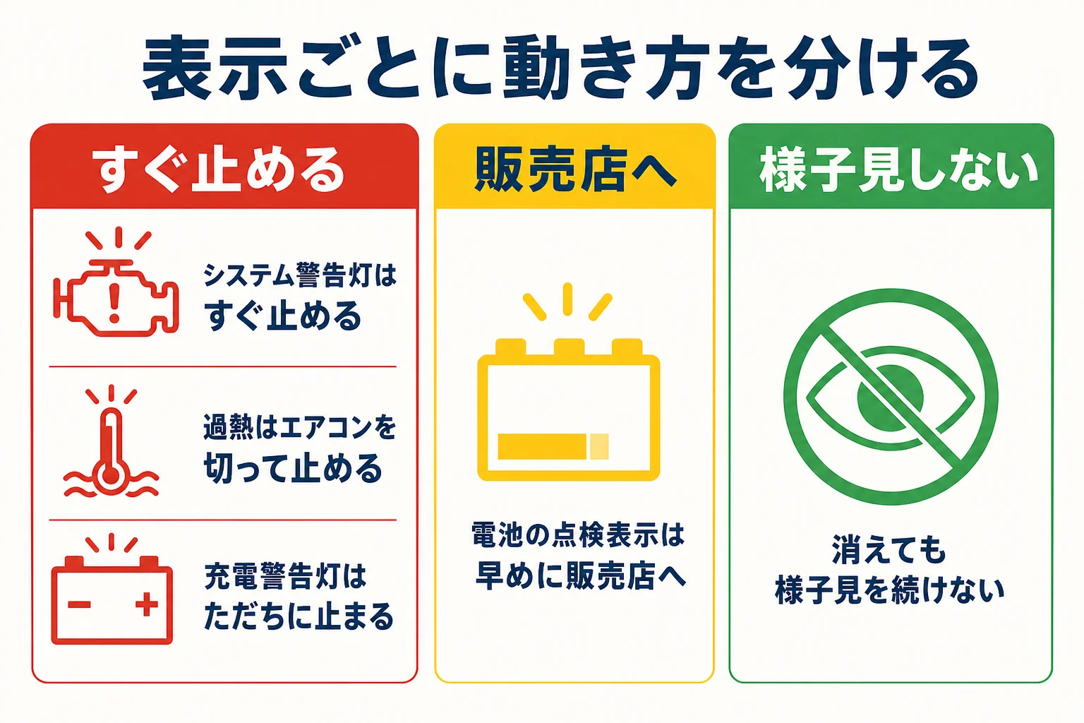 ハイブリッド車の警告灯を表示ごとにすぐ止める・販売店へ・様子見しないに分けた行動表の図解