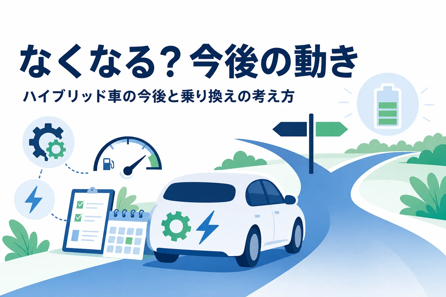 未来へ続く道に立つ乗用車のシルエットと、ハイブリッド車の今後を紹介する記事タイトル