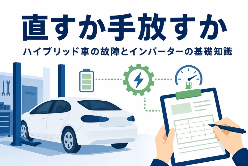 整備工場の乗用車と電池・モーターのマーク、見積書を持つ手元が描かれ、ハイブリッド車の故障とインバーターを解説する記事タイトル