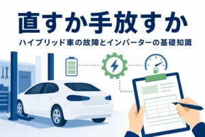 整備工場の乗用車と電池・モーターのマーク、見積書を持つ手元が描かれ、ハイブリッド車の故障とインバーターを解説する記事タイトル