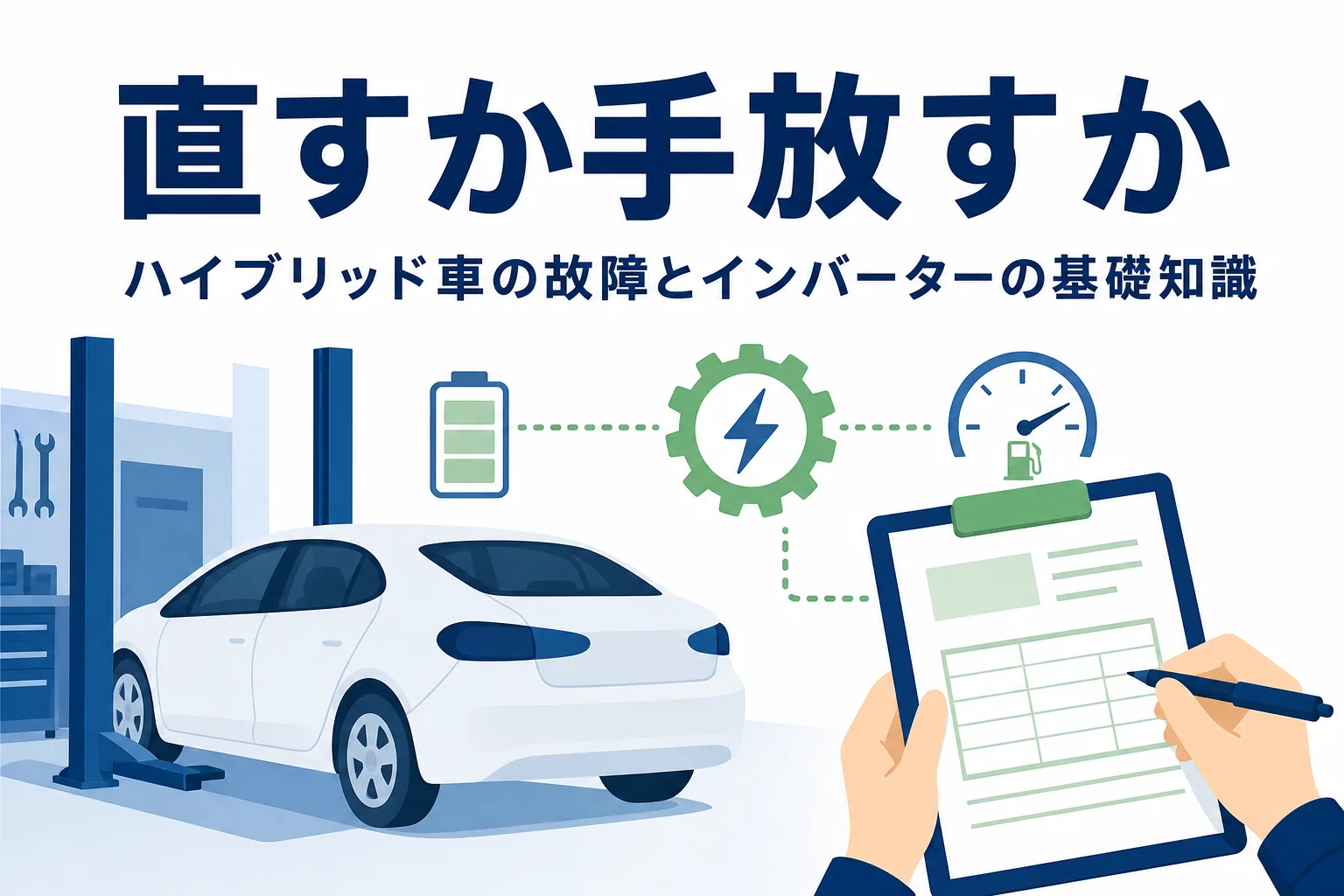 整備工場の乗用車と電池・モーターのマーク、見積書を持つ手元が描かれ、ハイブリッド車の故障とインバーターを解説する記事タイトル