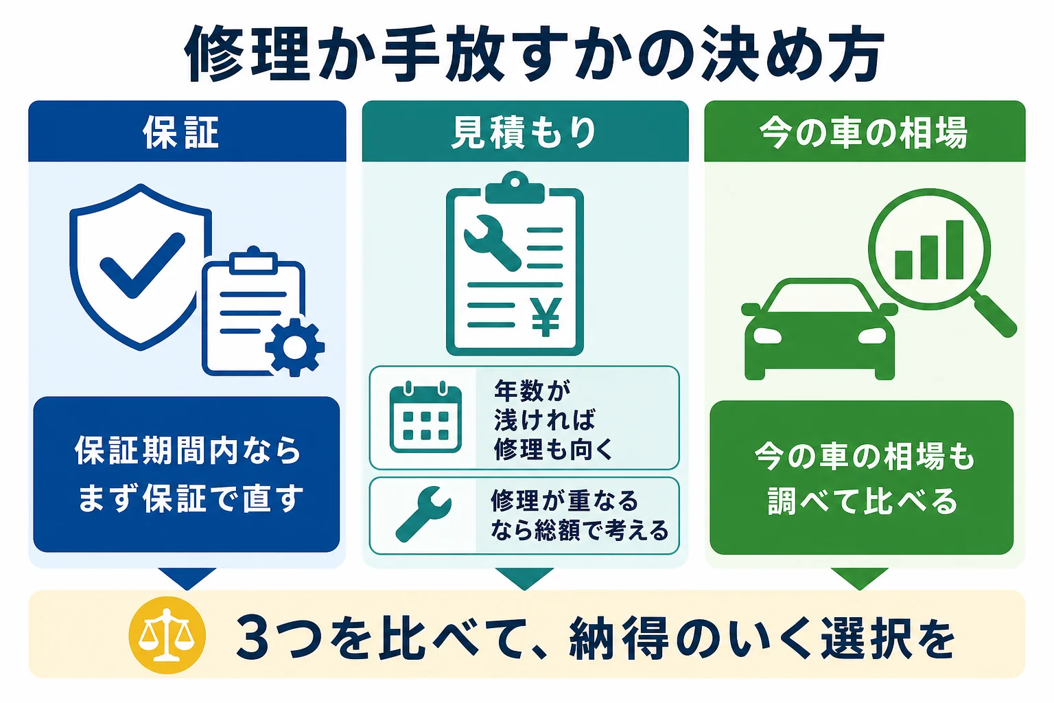 修理して乗り続けるか今の車を売るかを保証・年数・修理の重なりで決める判断表の図解