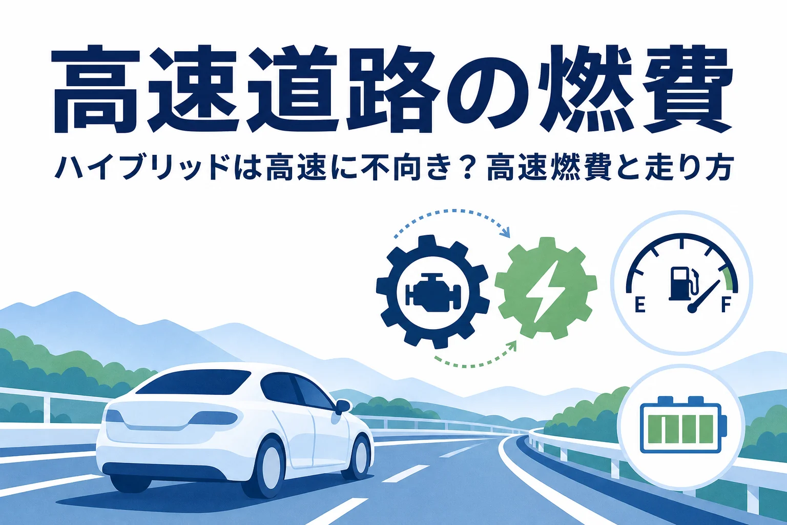 高速道路を走る乗用車と燃料計のアイコンに「高速道路の燃費」の文字