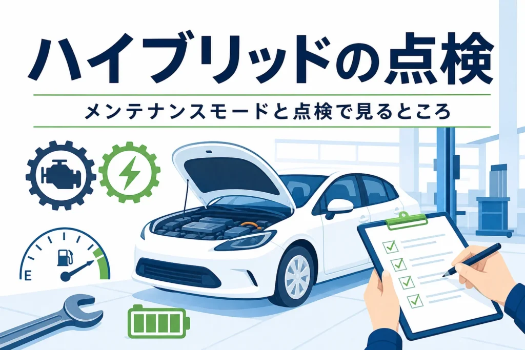 整備スペースの乗用車と点検表に「ハイブリッドの点検」の文字