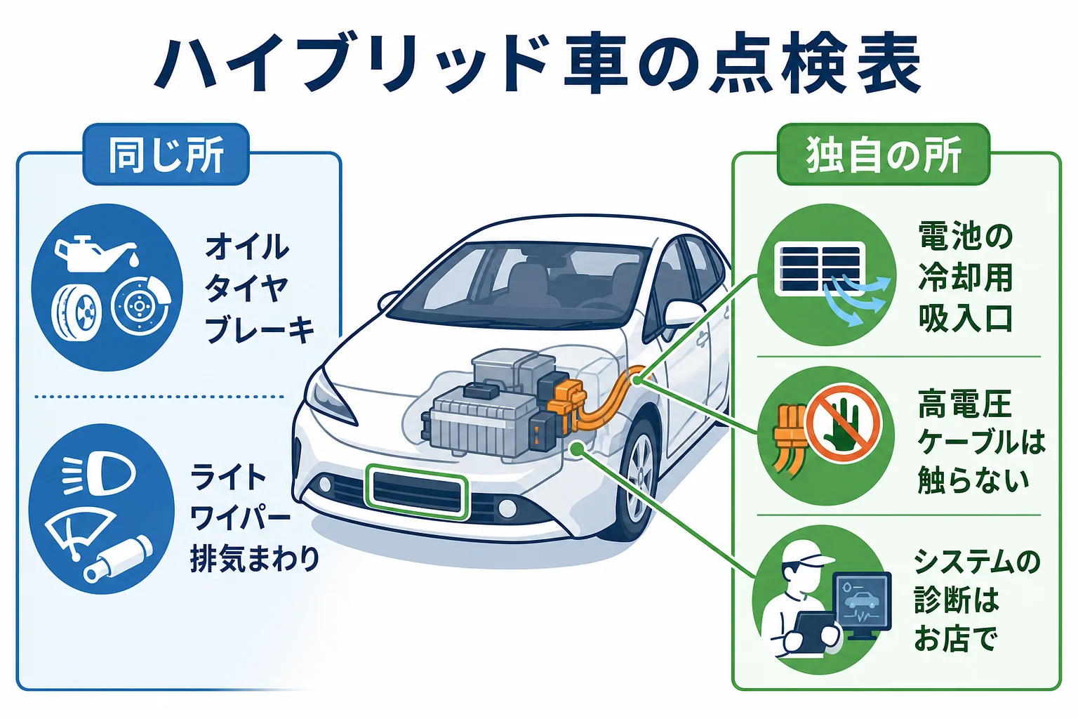 ハイブリッド車の点検をガソリン車と同じ所とハイブリッドならではの所に分けた点検表の図解