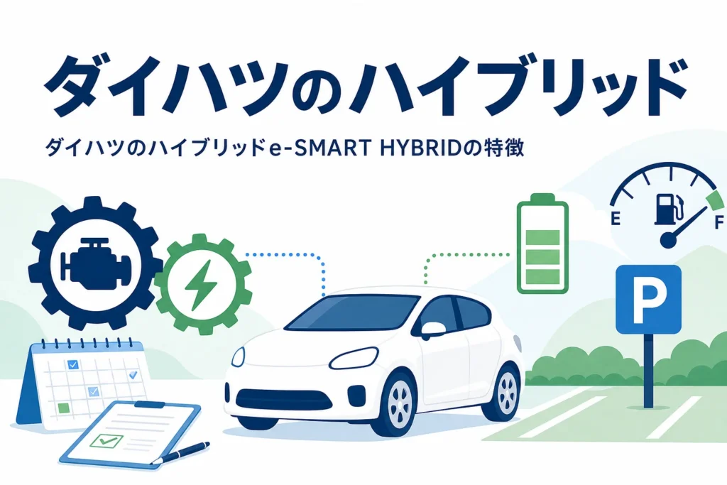 小さめのSUVと軽自動車のシルエットと、ダイハツのハイブリッドe-SMART HYBRIDの特徴の記事タイトル