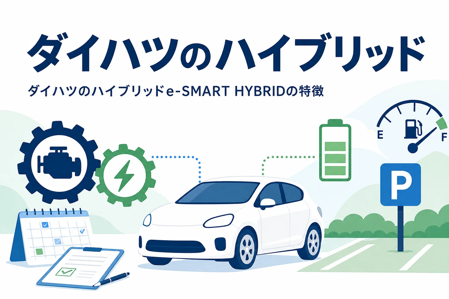 小さめのSUVと軽自動車のシルエットと、ダイハツのハイブリッドe-SMART HYBRIDの特徴の記事タイトル