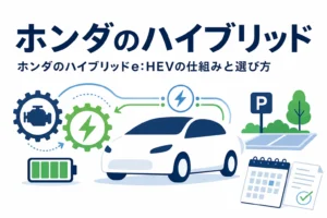 3台の乗用車のシルエットと、ホンダのハイブリッドe:HEVの仕組みと選び方の記事タイトル