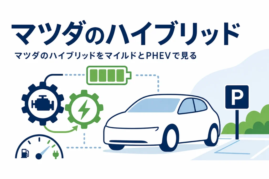乗用車とSUVのシルエットと、マツダのハイブリッドをマイルドとPHEVで見る記事タイトル