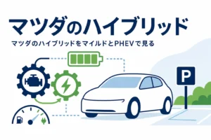 乗用車とSUVのシルエットと、マツダのハイブリッドをマイルドとPHEVで見る記事タイトル