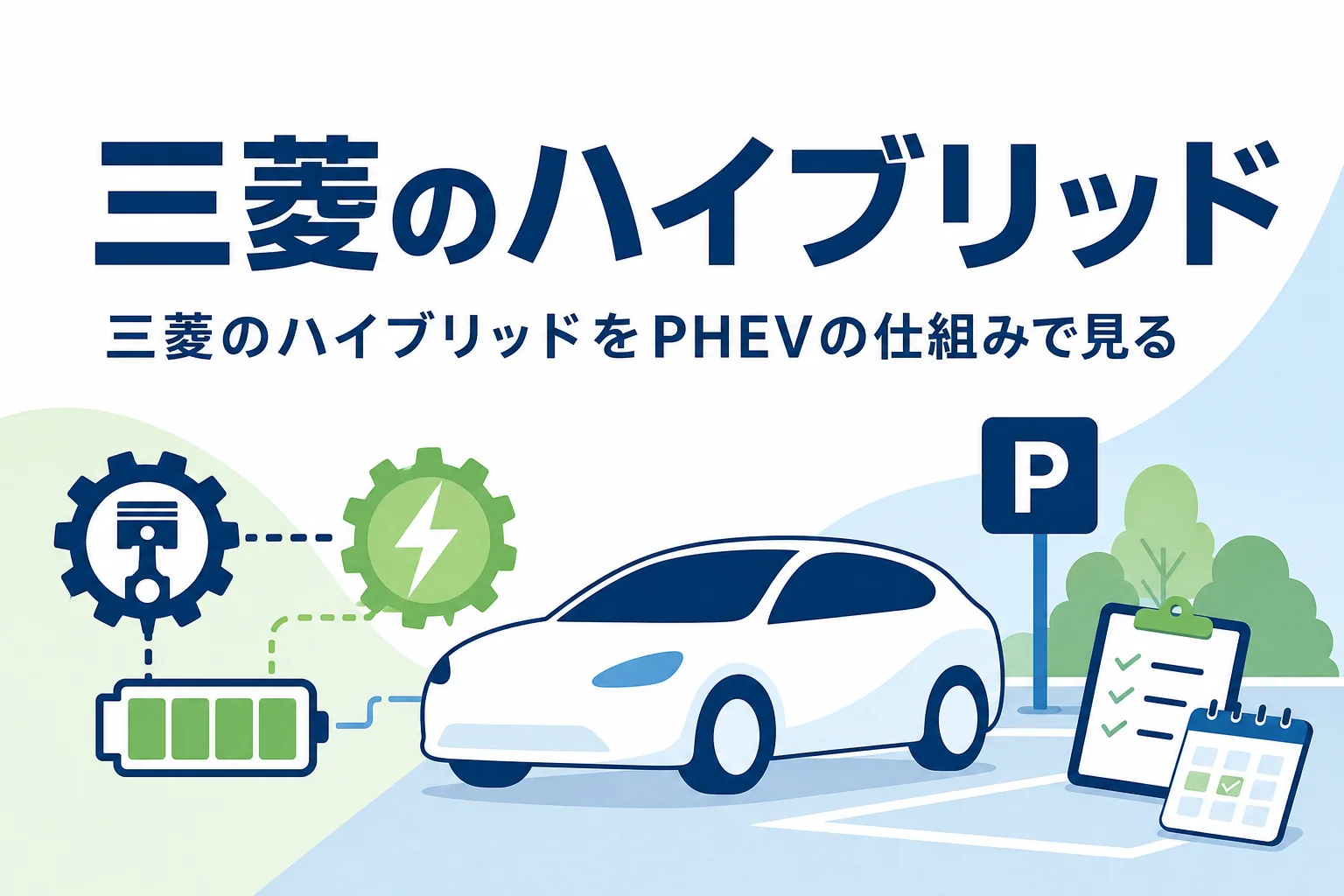 自宅で充電中のSUVのシルエットと、三菱のハイブリッドをPHEVの仕組みで見る記事タイトル