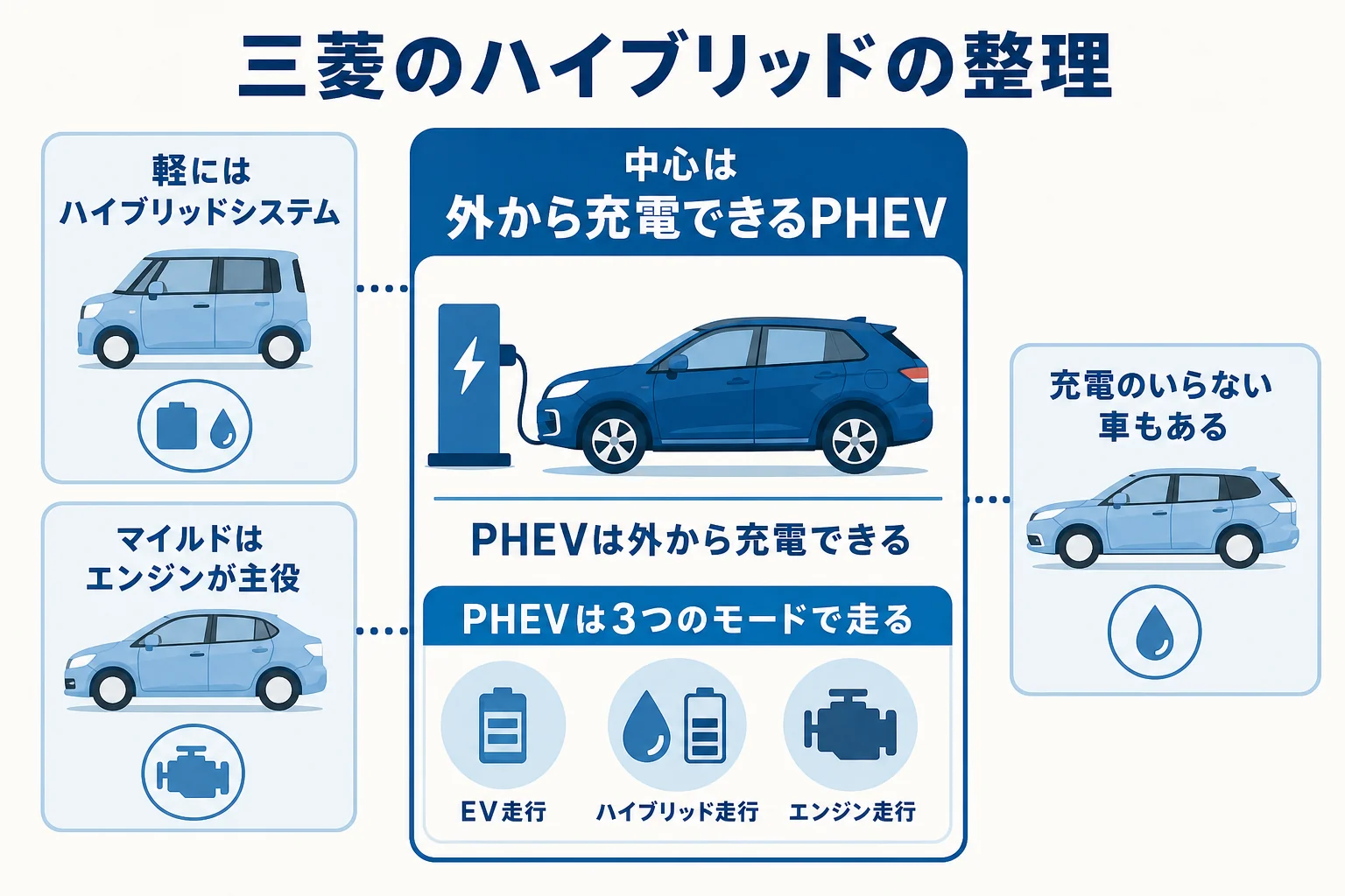 三菱のハイブリッドをPHEVと充電のいらないハイブリッドに分けたラインナップの図解