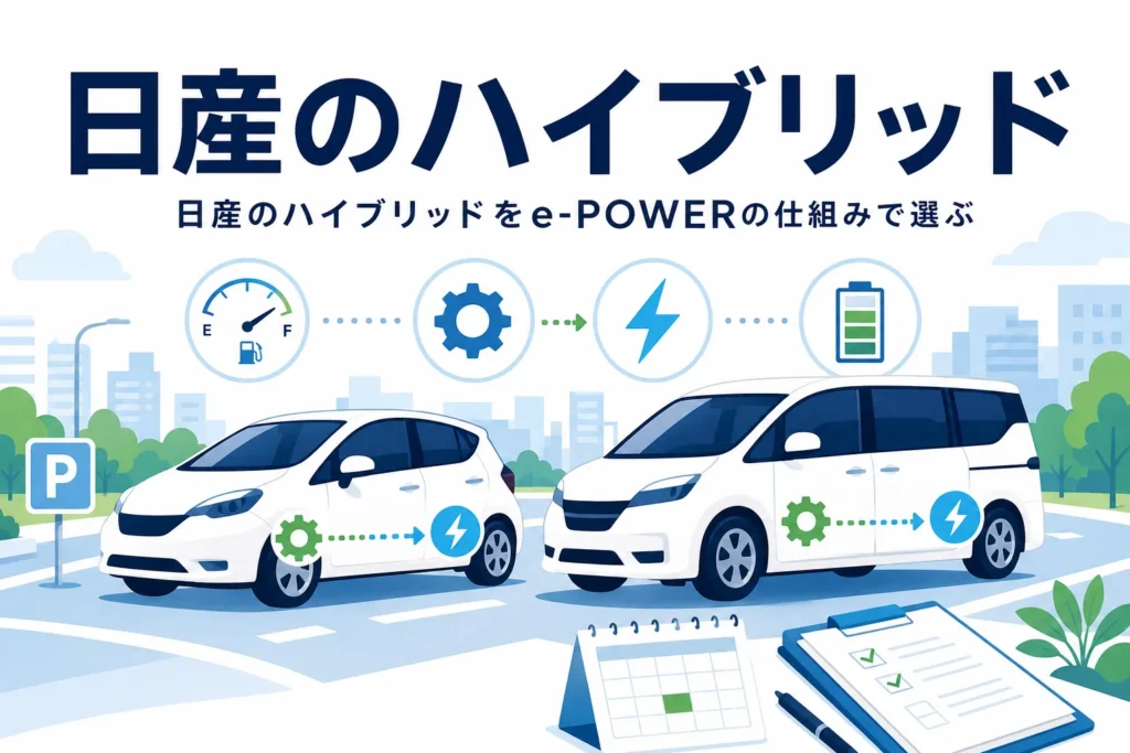 コンパクトカーとミニバンのイラストと、日産のハイブリッドをe-POWERの仕組みで選ぶ記事タイトル