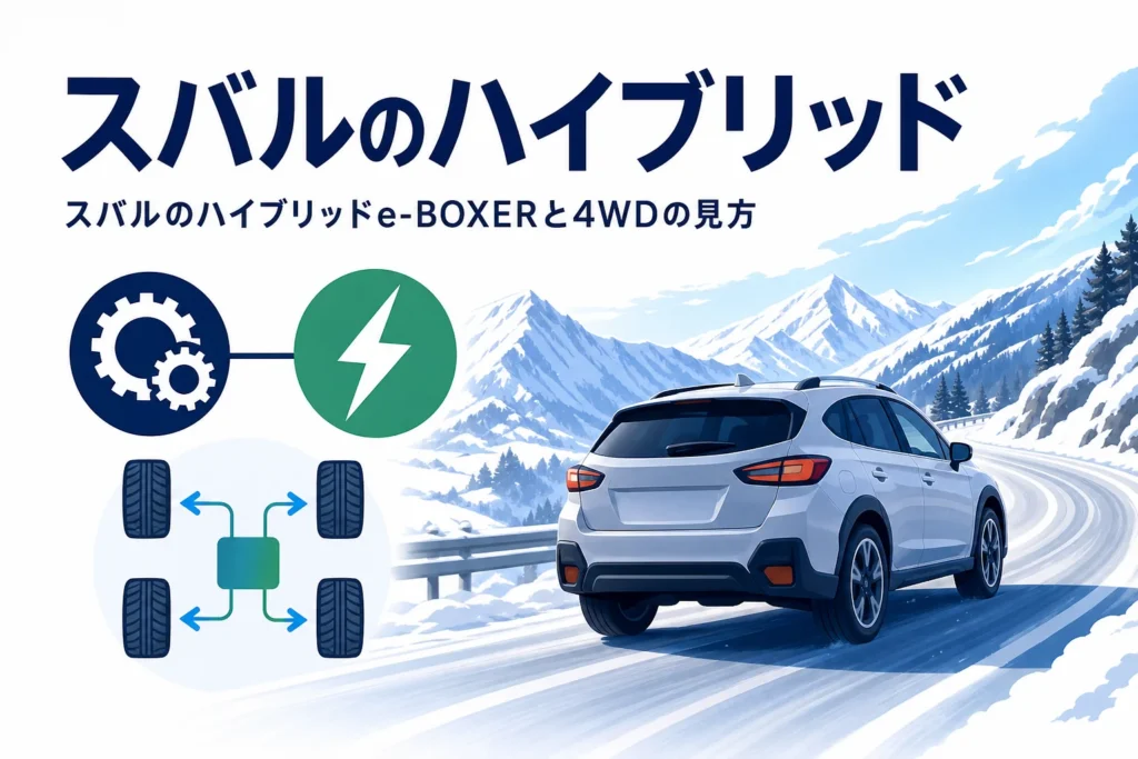 雪の山道を走るSUVのシルエットと、スバルのハイブリッドe-BOXERと4WDの見方の記事タイトル