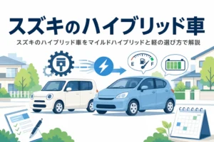 軽自動車とコンパクトカーのイラストと、スズキのハイブリッド車の仕組みと選び方を紹介する記事タイトル